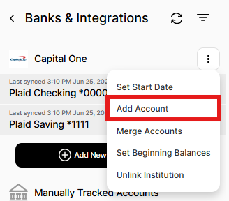 Add Account option in the Actions drop-down for relinking