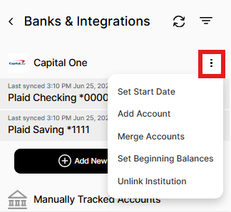 Banks and Integrations screen with Actions drop-down