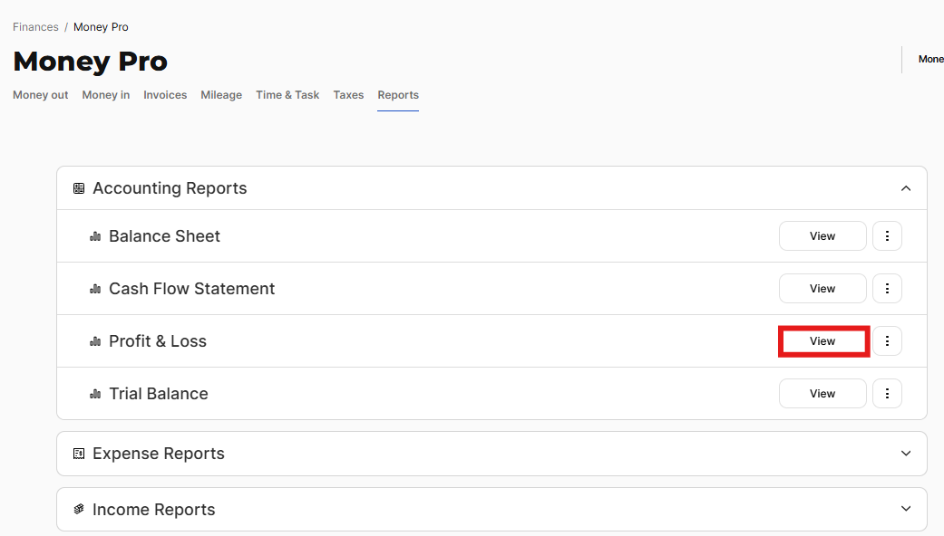 Profit and Loss report showing income and expense totals by month