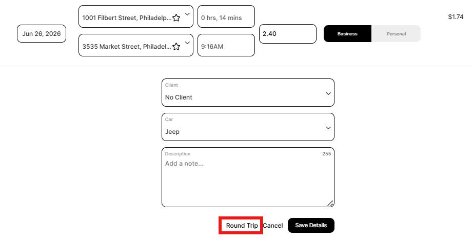 Round trip button to auto-create the return leg of a drive