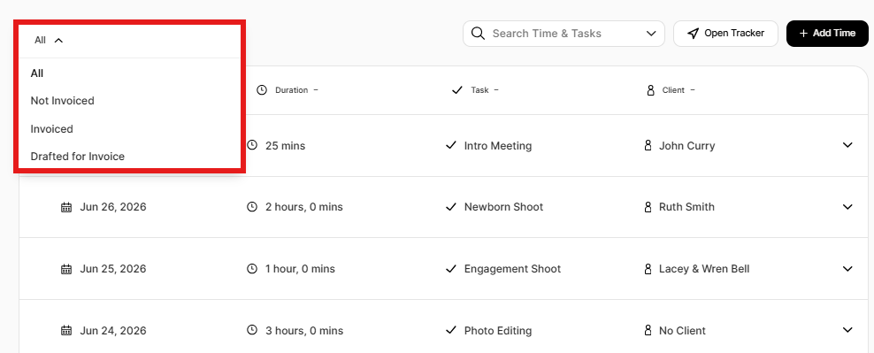 Type filter drop-down on the Time and Tasks Dashboard