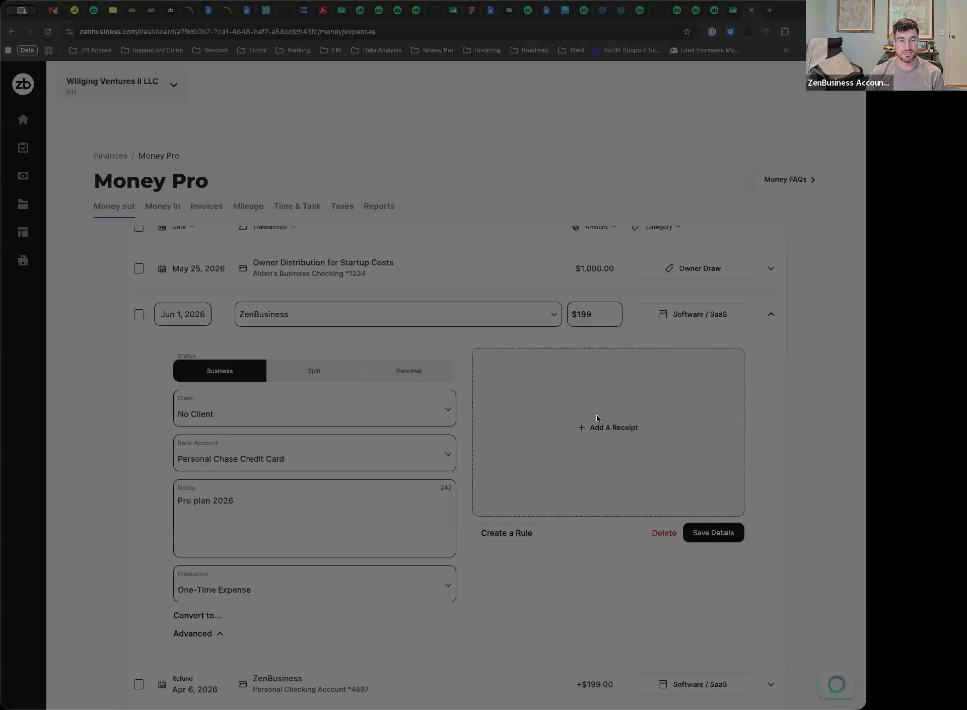 Transaction tagged Owner Draw in the list, with the expanded Business/Split/Personal status toggle below it