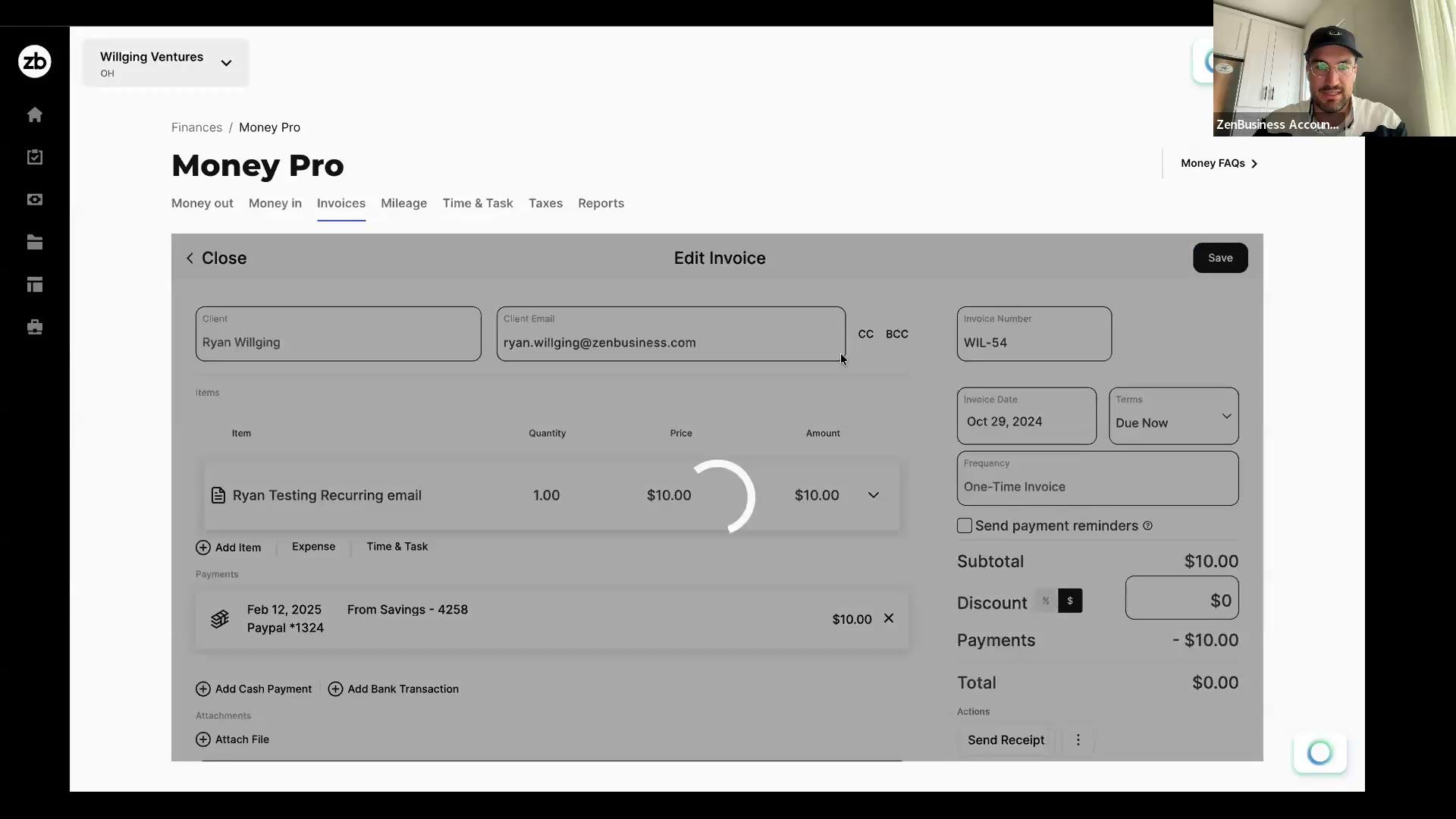 Edit Invoice screen showing a recorded payment plus Add Cash Payment and Add Bank Transaction buttons