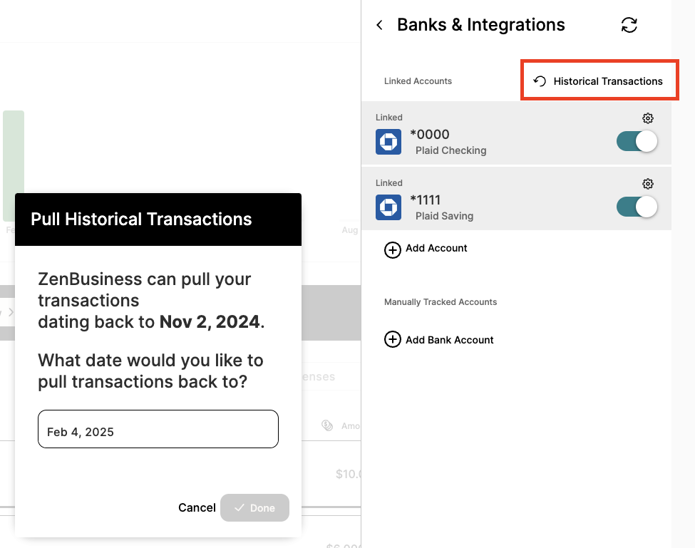 Pull Historical Transactions date picker asking how far back to import