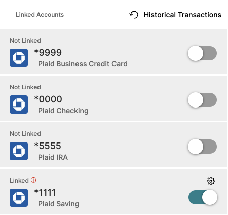 Linked Accounts list with toggle switches for each connected bank
