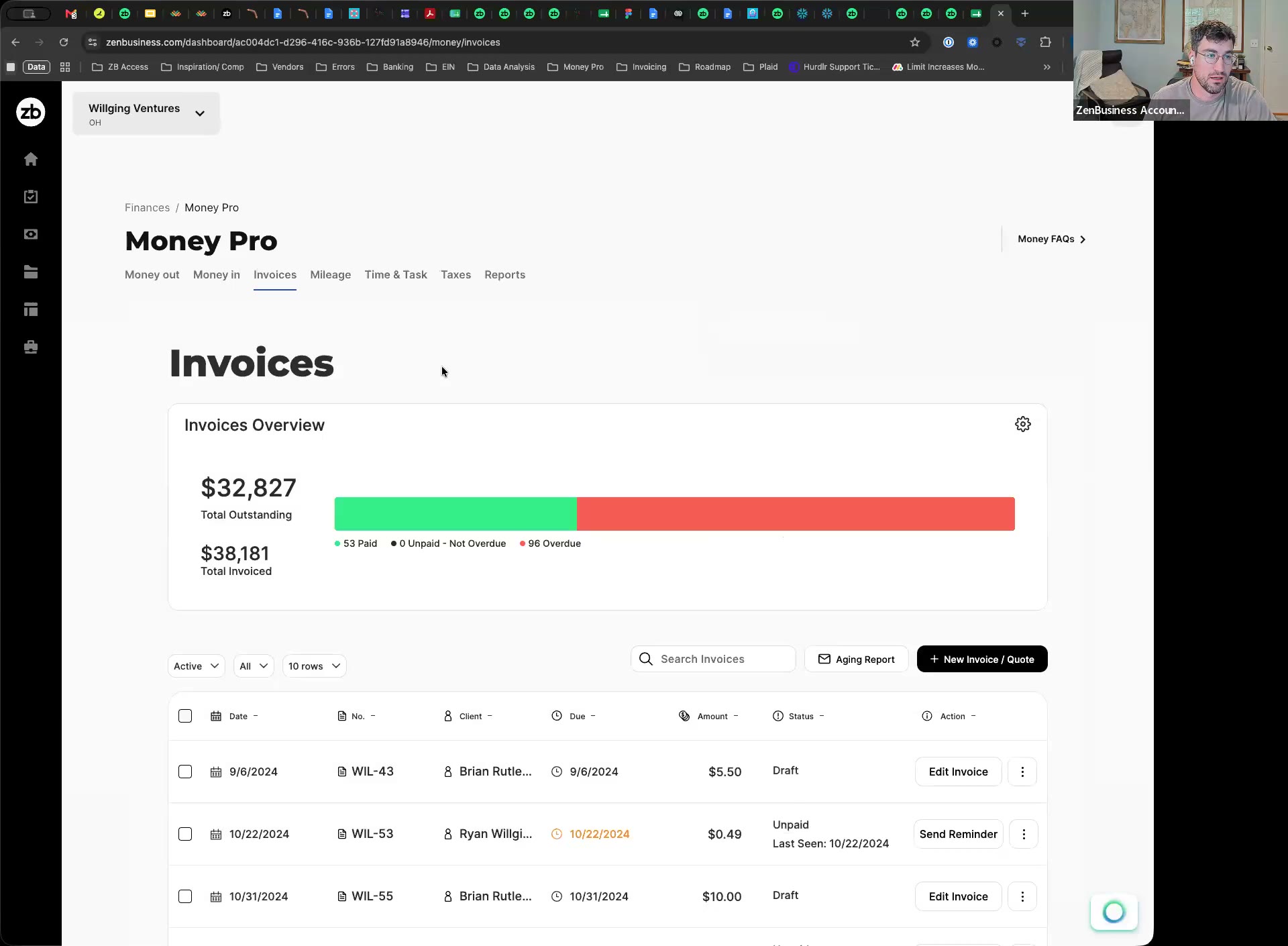 Invoices list with two Draft-status rows, each with a three-dot menu button next to Edit Invoice
