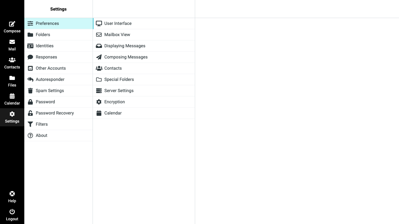 ZenBusiness Webmail Settings menu