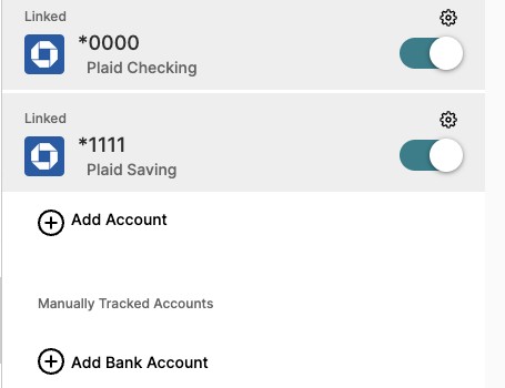 Linked Accounts list showing two linked bank accounts, each with a gear icon, and an Add Account option